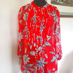 Leifsdottir Silk, sheer, blouse, tunic, size 4, Orange, floral